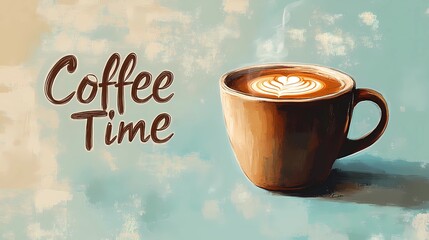 Winter background with a steaming coffee mug on snow-covered ground, evoking warmth and comfort, perfect for seasonal designs, book illustration style