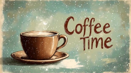 Winter background with a steaming coffee mug on snow-covered ground, evoking warmth and comfort, perfect for seasonal designs, book illustration style