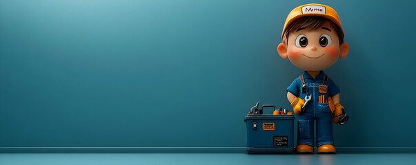 A cheerful cartoon boy dressed as a mechanic stands beside a toolbox, symbolizing creativity and hands-on work.