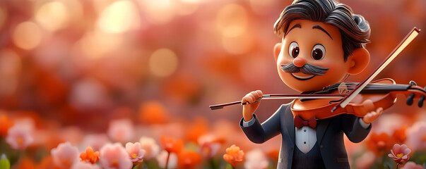 A cheerful animated character plays the violin amidst a vibrant flower garden, exuding joy and creativity.