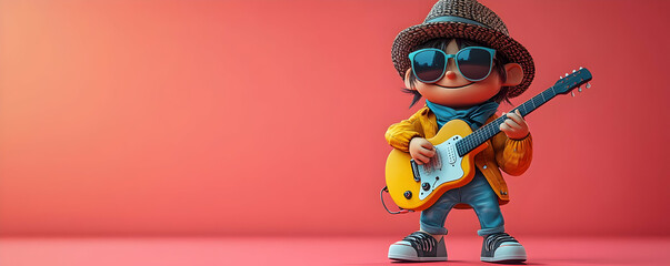 A cheerful cartoon character plays an electric guitar, showcasing a fun and vibrant style against a colorful background.