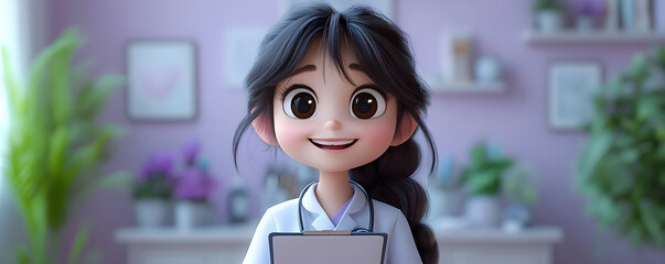 A cheerful animated character in a white coat holds a clipboard, set in a cozy room with plants and decor.