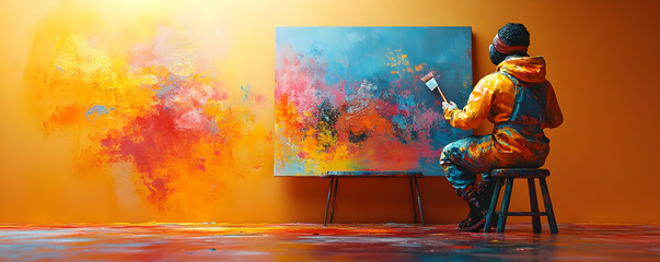 A painter creates vibrant abstract art on canvas, surrounded by colorful splashes and a bright orange background.