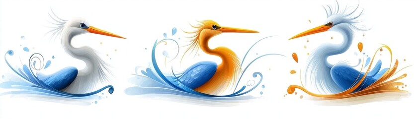 Obraz premium Three Artistic Herons in Water Splashes