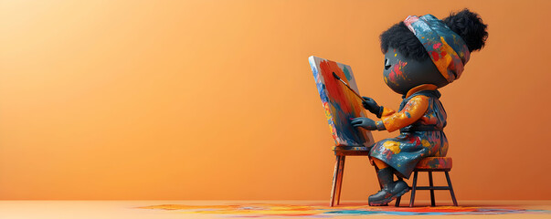 A young girl with curly hair paints on a canvas, surrounded by vibrant colors, showcasing creativity and artistic expression.
