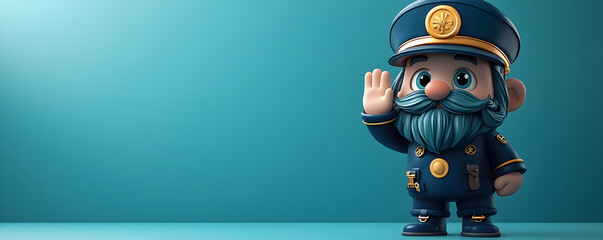 A cheerful cartoon character dressed as a police officer waves, set against a simple turquoise background.