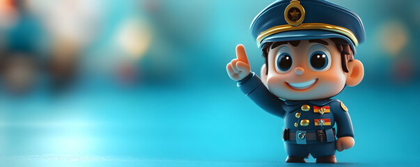 A cheerful cartoon character dressed as a police officer, smiling and raising a finger, set against a blurred background.