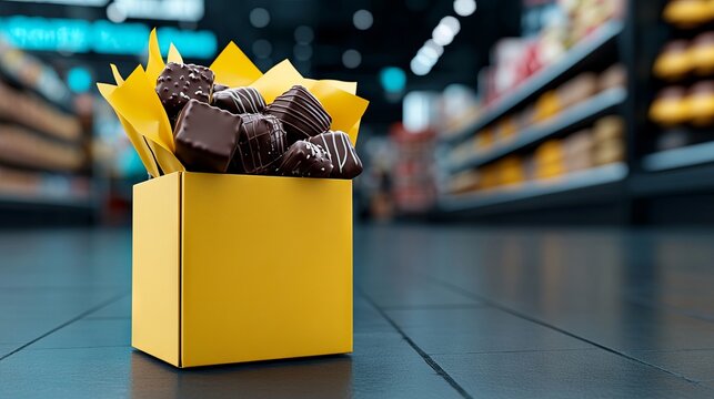 A yellow box of chocolates sitting on a table in a grocery store