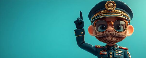 A cartoon character in a military uniform with glasses, raising a finger in a playful and authoritative manner.