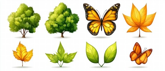 Fototapeta premium Colorful Butterfly and Tree Leaves Illustration