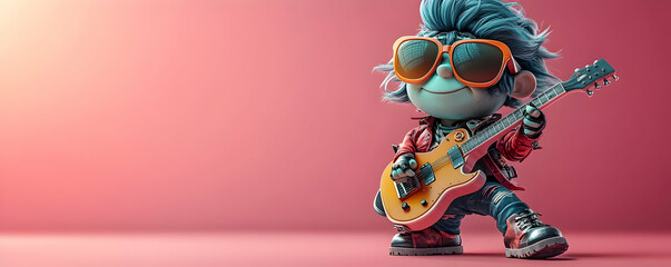 A vibrant cartoon character with blue hair, sunglasses, and a guitar, exuding a playful, musical vibe against a pink background.