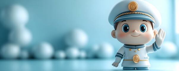 A cheerful cartoon character in a sailor uniform waves, set against a soft blue background with abstract shapes.