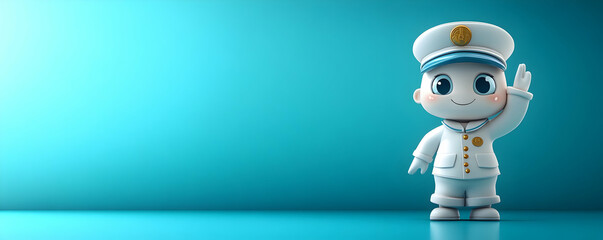 A cheerful cartoon character dressed as a sailor waves, set against a vibrant blue background.