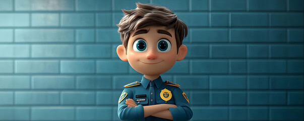 A cheerful animated boy dressed as a police officer stands confidently with crossed arms against a blue brick wall.