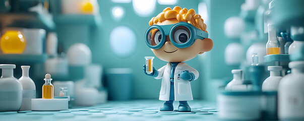 A cheerful cartoon scientist stands in a lab, holding a test tube, surrounded by various laboratory equipment and colorful liquids.