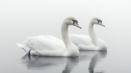 Fototapeta premium Two elegant white swans swimming on calm foggy water, reflecting serenity.