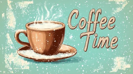 Snowy landscape featuring a coffee mug surrounded by frost, creating a cozy winter ambiance, ideal for seasonal themes, comic book style