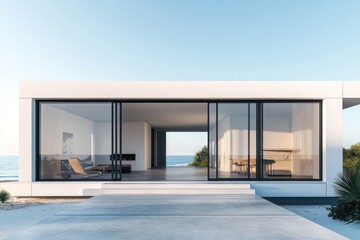 A minimalist beachfront home with clean geometric lines, large sliding glass doors, and a seamless connection to the ocean view