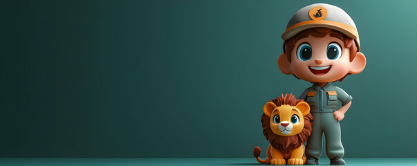 A cheerful cartoon boy in a uniform stands next to a friendly lion, promoting a playful and educational theme.