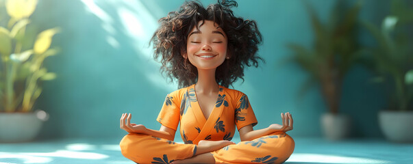 A young woman with curly hair sits cross-legged in a serene environment, practicing mindfulness and meditation.
