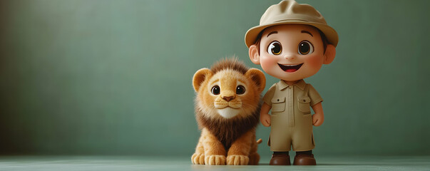 A cheerful child in safari attire stands beside a cute lion plush toy, embodying adventure and friendship.