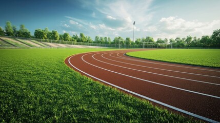 Fototapeta premium A Curved Running Track Surrounded by Green Grass