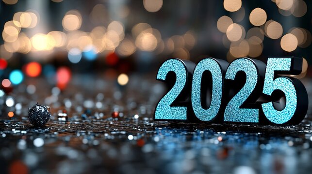 A blue and black number 2025 on a wet surface with a christmas ball in the background