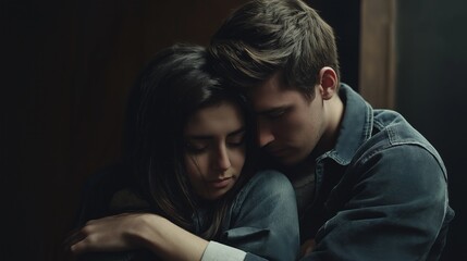 A couple holds each other tightly in a dimly lit space, seeking solace from their emotions as they share a tender moment, lost in their thoughts and feelings
