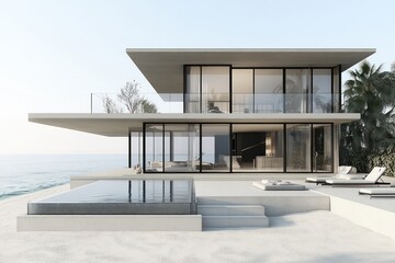 Fototapeta premium A minimalist beachside home with seamless glass walls, a rooftop infinity pool, and clean concrete forms