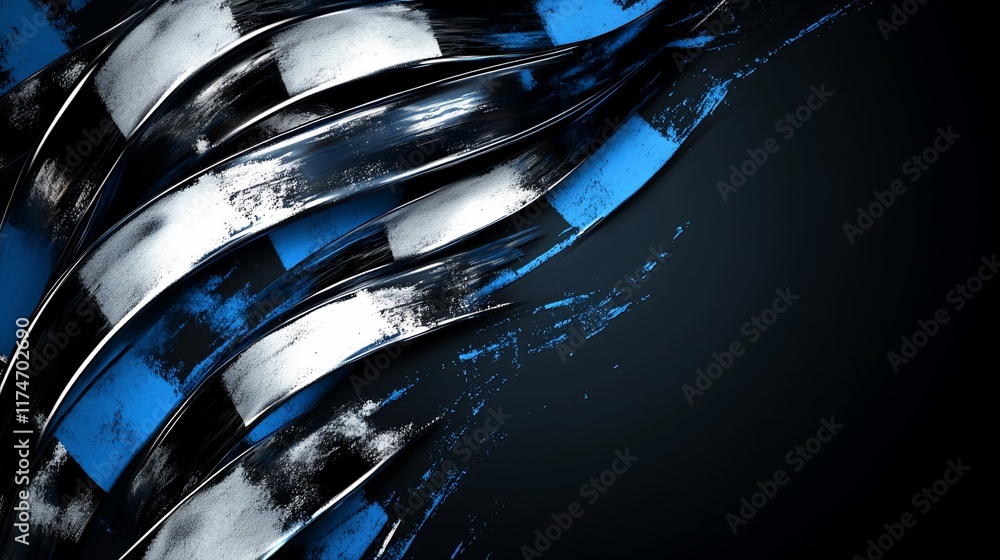 Poster Abstract checkered flag design with flowing ribbons, dark background and textured effect.