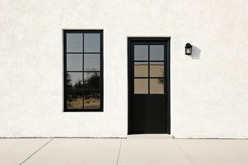 A minimalist black steel frame window and door set against a white stucco exterior, blending clean...