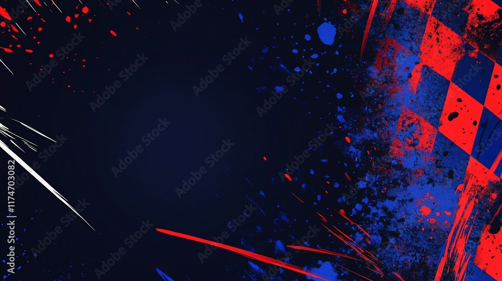 Poster Abstract graphic design with red and blue paint splatters and checkered pattern.