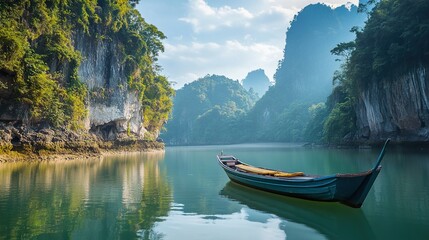Obraz premium Serene River Landscape: Boat on Calm Water, Stunning Nature