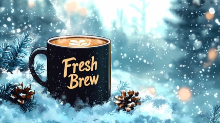 Winter coffee scene with a mug on a snow-covered bench, highlighting seasonal coziness and tranquility, book illustration style