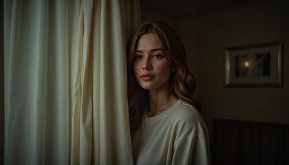 Fototapeta premium Scared woman hiding behind curtains in a dim room, human trafficking awareness