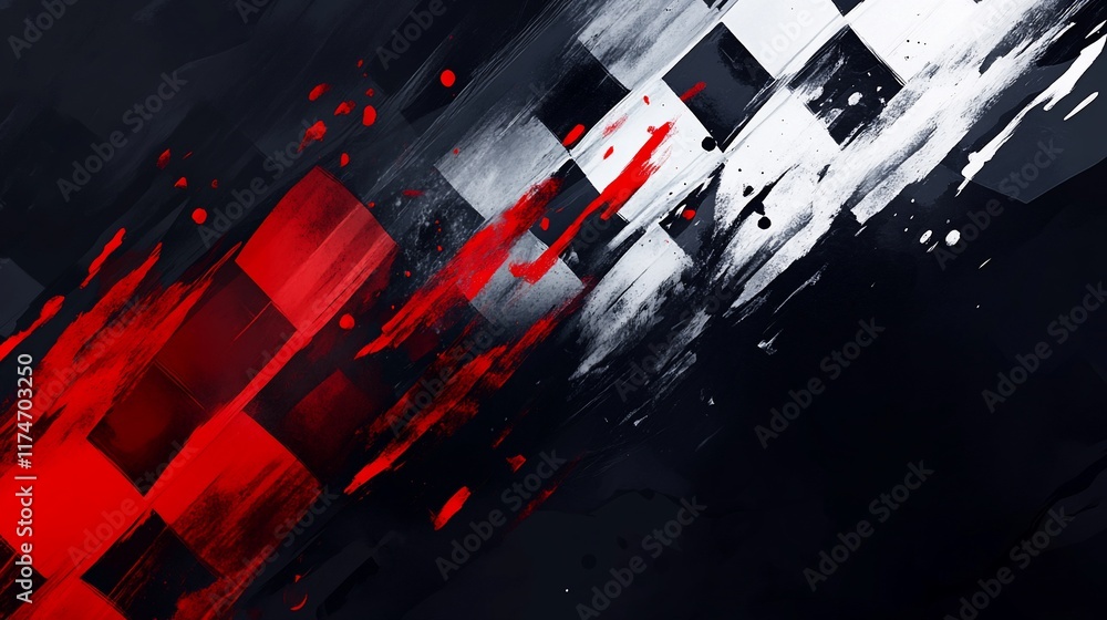 Poster Abstract checkered flag with dynamic brushstrokes and splatters of red and white paint.