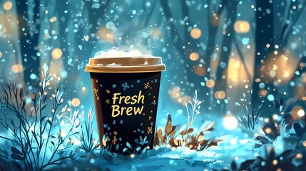 Winter coffee scene with a mug on a snow-covered bench, highlighting seasonal coziness and tranquility, book illustration style