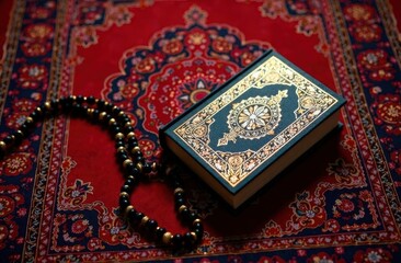 A flat-lay of an Islamic prayer rug, prayer beads, and a Quran