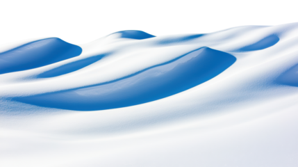 Snowy dunes with smooth curved shapes and soft textures, featuring a serene blend of white snow and blue shadows in an abstract natural landscape. Isolated on transparent background, png.
