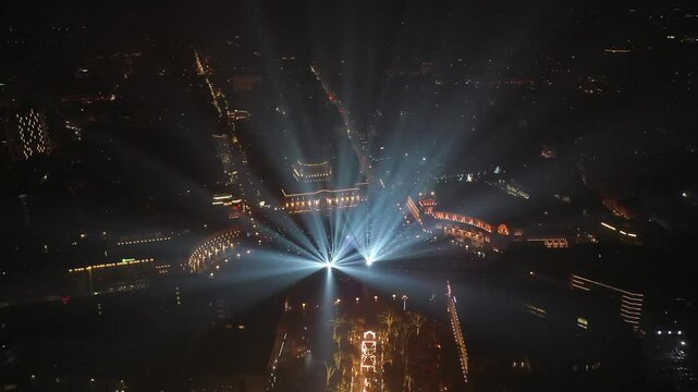 Aerial view of illuminated Christmas buildings in downtown in Yerevan, Armenia at night