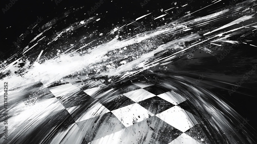 Poster Abstract black and white checkered pattern with dynamic brushstrokes.