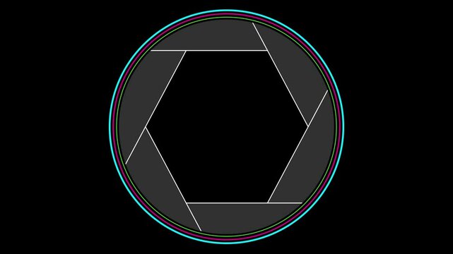 Lens Aperture and Camera Shooting Animation or simulation on black background. Camera Diaphragm opening and closing while taking photos in High Shutter Speed.