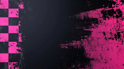 Grunge checkered background with pink splatter.