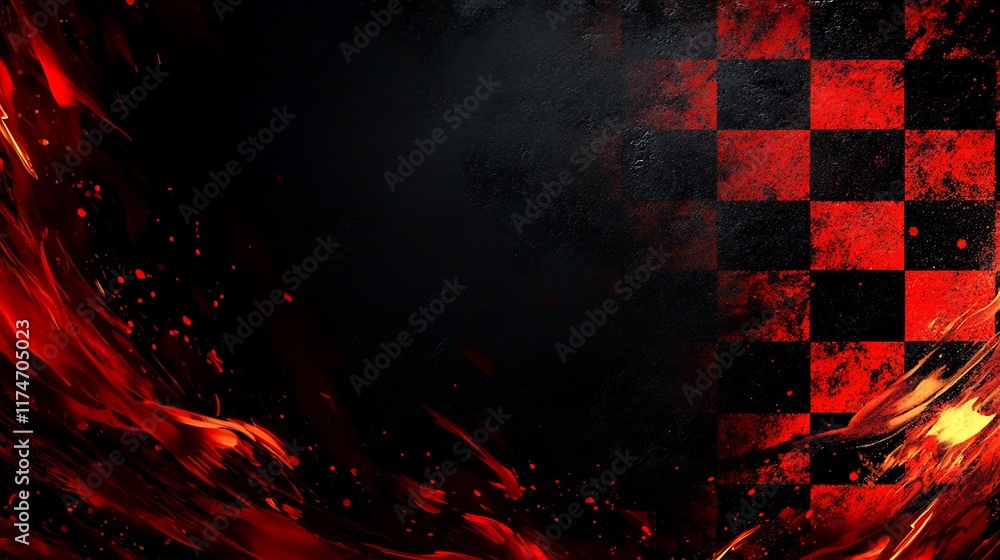 Poster Abstract racing background with checkered flag and flames.