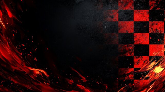Abstract racing background with checkered flag and flames.