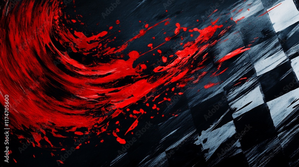 Poster Abstract racing background with red paint splashes and checkered flag texture.