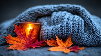 Autumn Leaves Candlelight Cozy Knitted Blanket Scene
