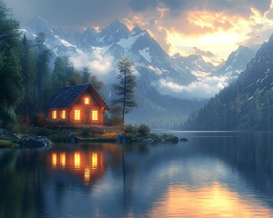 Fototapeta premium Cozy Cabin by Tranquil Mountain Lake at Sunset with Inviting Glow