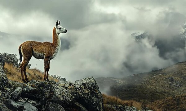 Majestic Llama Stands on Mountaintop, Gazing at Misty Andes Landscape: A Stunning Display of Nature's Beauty in the Peruvian Highlands, Evoking Feelings of Serenity and Wonder.