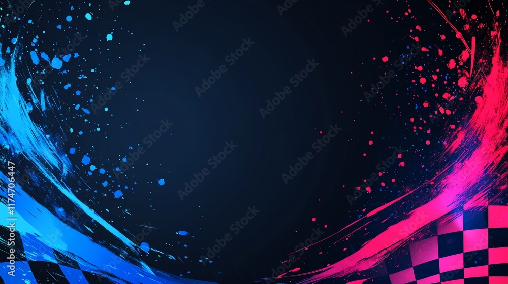 Poster abstract checkered flag background with vibrant blue and pink splashes.